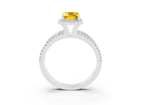 White gold {shape_name} Yellow Sapphire Halo Engagement Ring with Split Shank and Four-Prong Setting_3