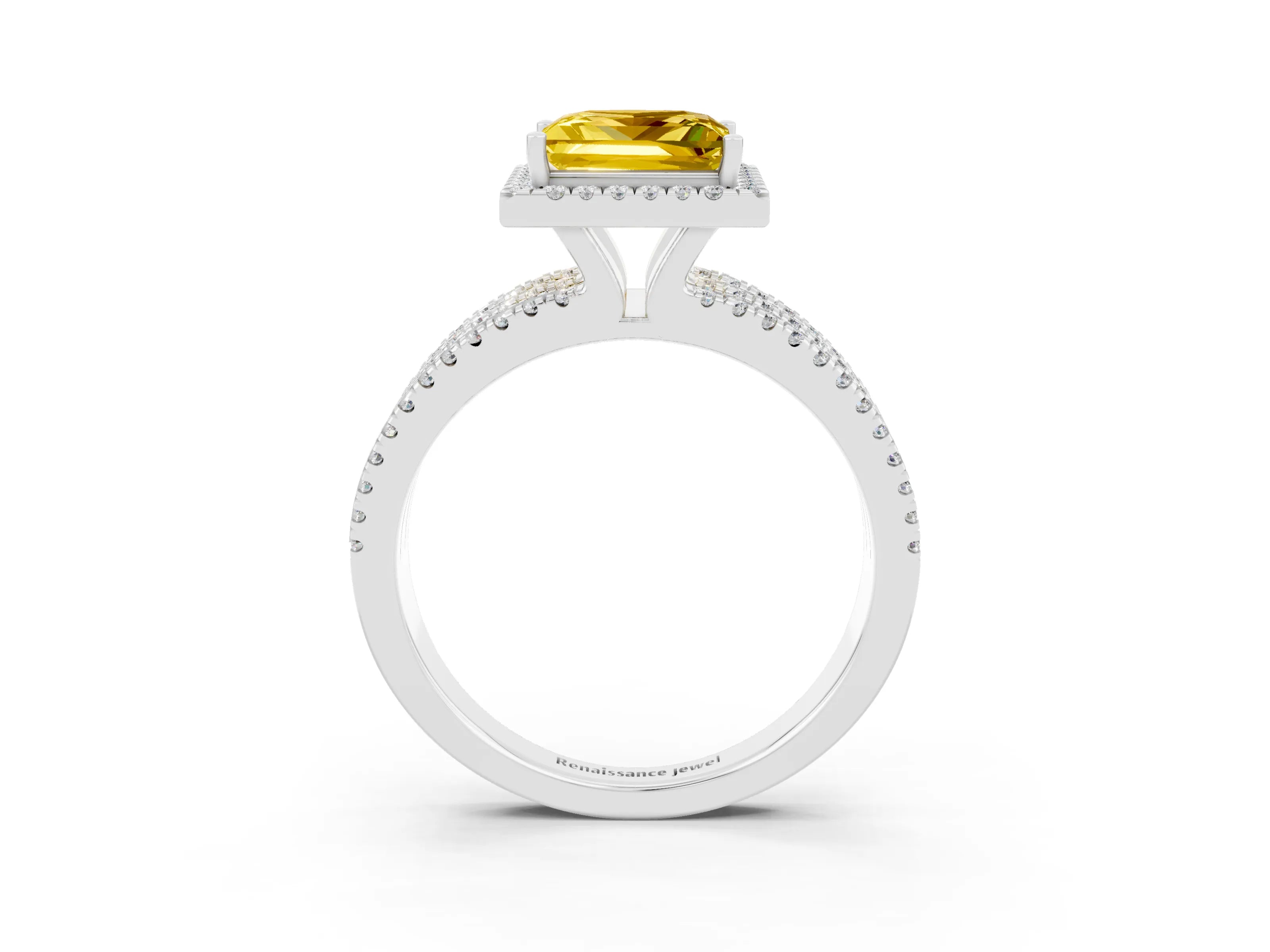 White gold {shape_name} Yellow Sapphire Halo Engagement Ring with Split Shank and Four-Prong Setting_3