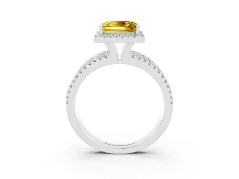 White gold {shape_name} Yellow Sapphire Halo Engagement Ring with Split Shank and Four-Prong Setting_3