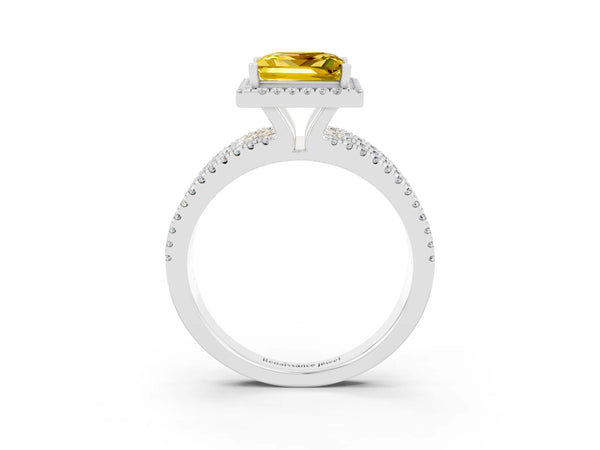 Platinum Princess Cut Yellow Sapphire Halo Engagement Ring with Split Shank and Four-Prong Setting