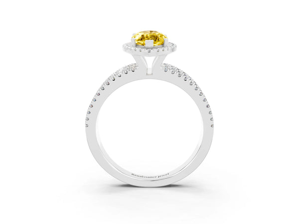 Silver Marquise Cut Yellow Sapphire Halo Engagement Ring with Split Shank and Four-Prong Setting