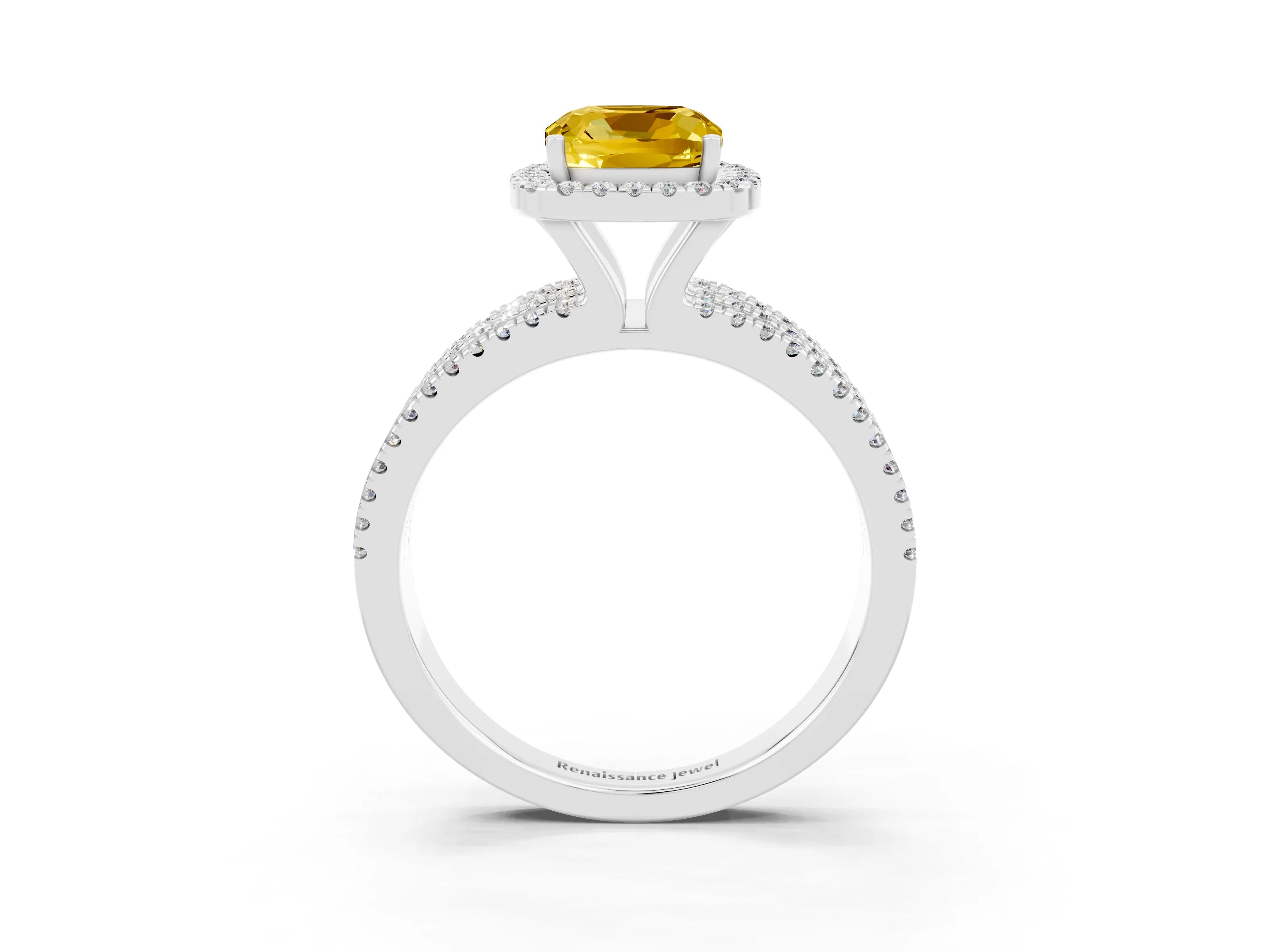 White gold {shape_name} Yellow Sapphire Halo Engagement Ring with Split Shank and Four-Prong Setting_3
