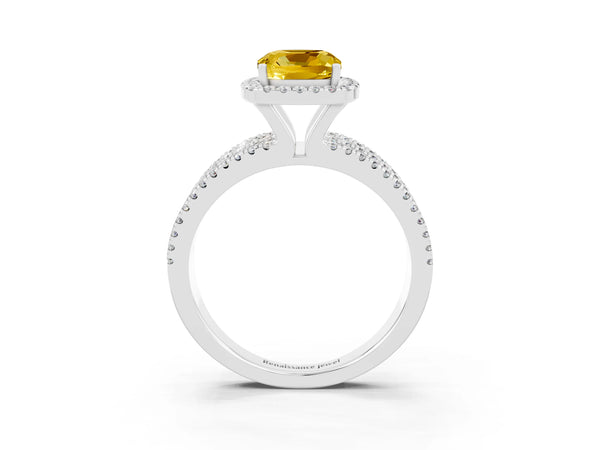 Silver Cushion Cut Yellow Sapphire Halo Engagement Ring with Split Shank and Four-Prong Setting