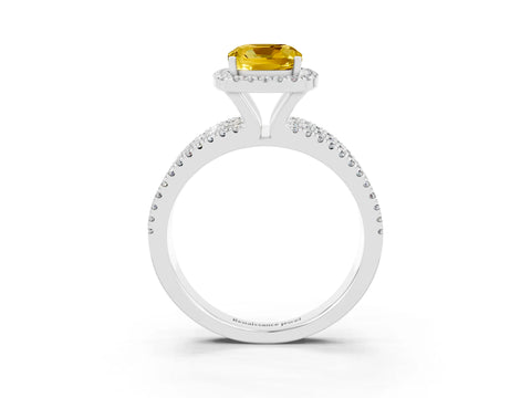 White gold {shape_name} Yellow Sapphire Halo Engagement Ring with Split Shank and Four-Prong Setting_3