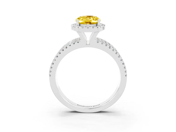 Silver Oval Cut Yellow Sapphire Halo Engagement Ring with Split Shank and Four-Prong Setting