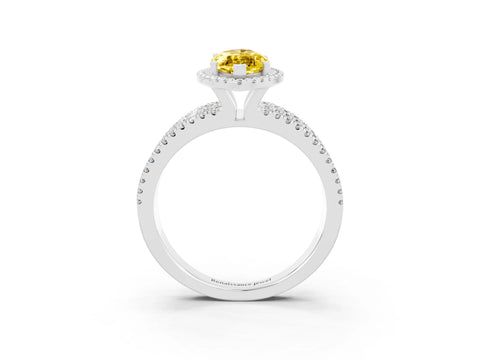 White gold {shape_name} Yellow Sapphire Halo Engagement Ring with Split Shank and Four-Prong Setting_3
