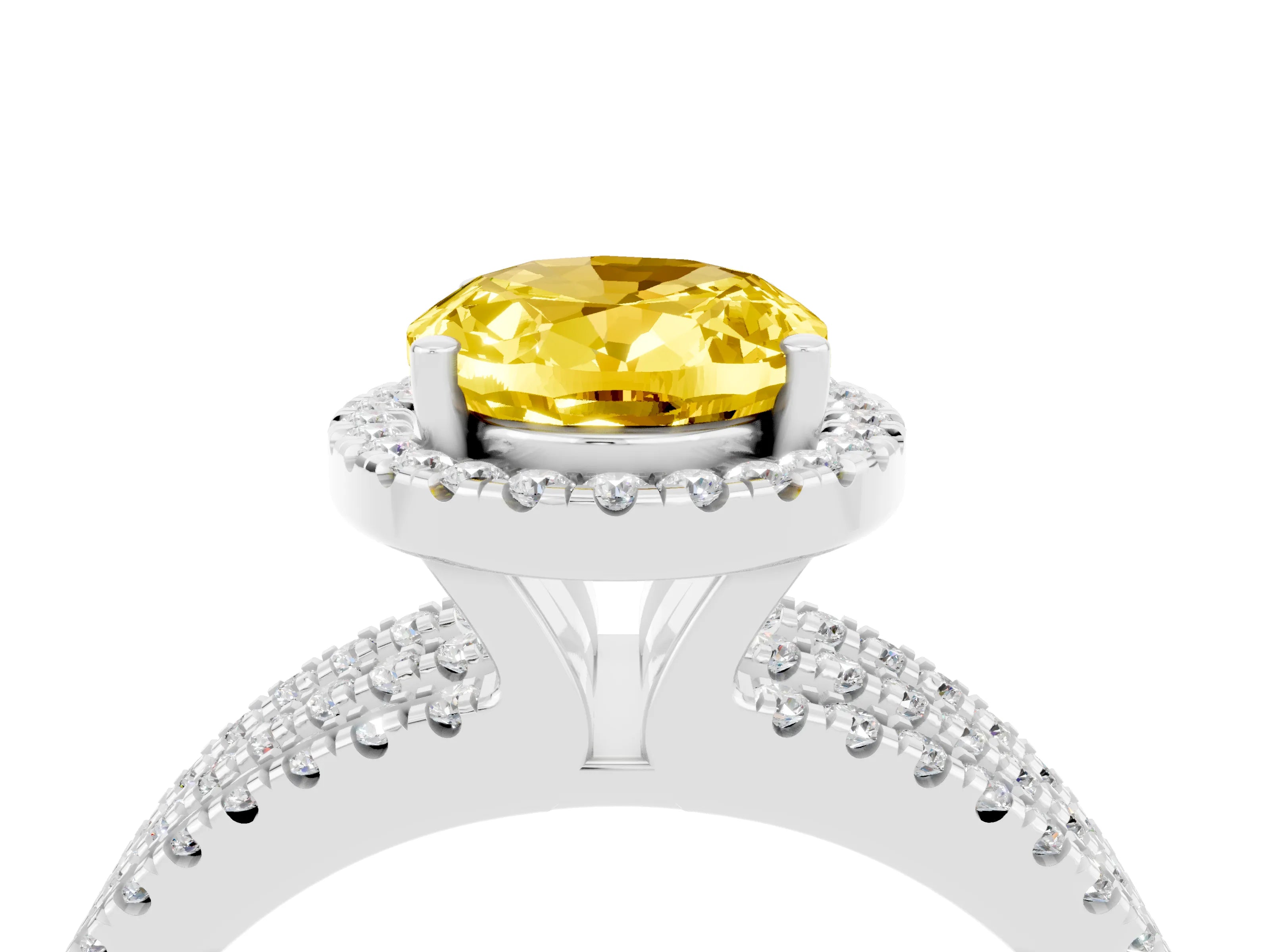 White gold {shape_name} Yellow Sapphire Halo Engagement Ring with Split Shank and Four-Prong Setting_4