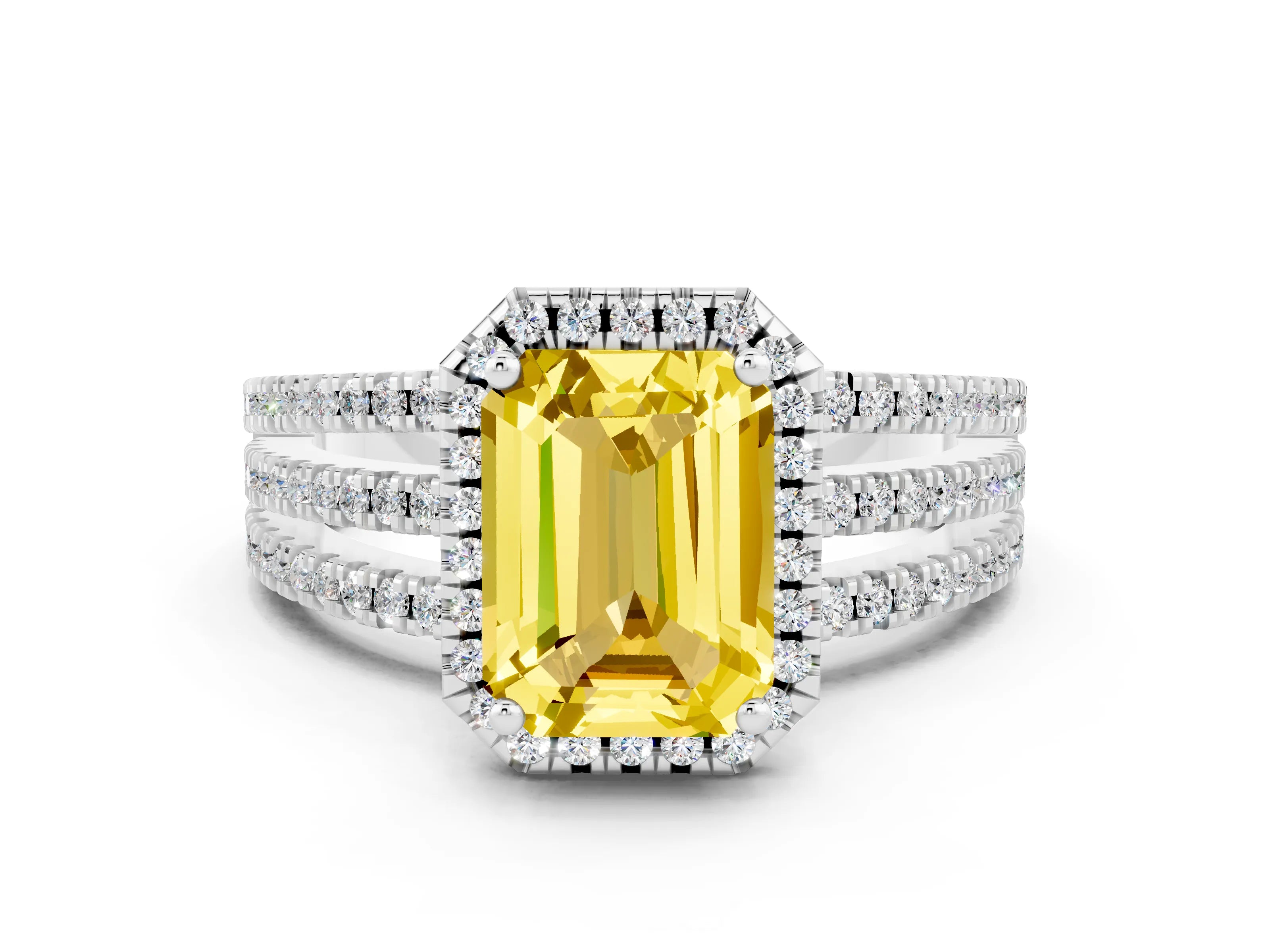 White gold {shape_name} Yellow Sapphire Halo Engagement Ring with Split Shank and Four-Prong Setting