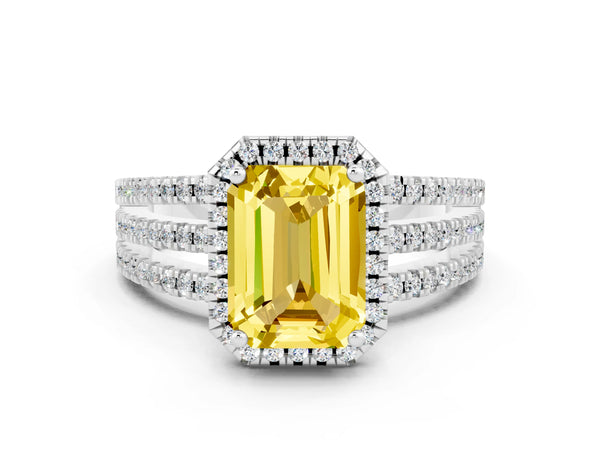 Platinum Emerald Cut Yellow Sapphire Halo Engagement Ring with Split Shank and Four-Prong Setting