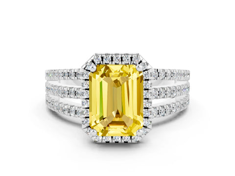White gold {shape_name} Yellow Sapphire Halo Engagement Ring with Split Shank and Four-Prong Setting
