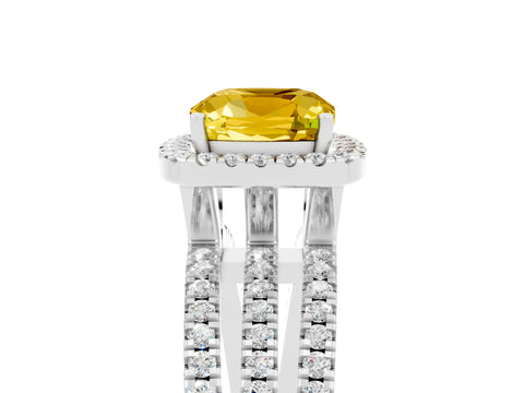 White gold {shape_name} Yellow Sapphire Halo Engagement Ring with Split Shank and Four-Prong Setting_5