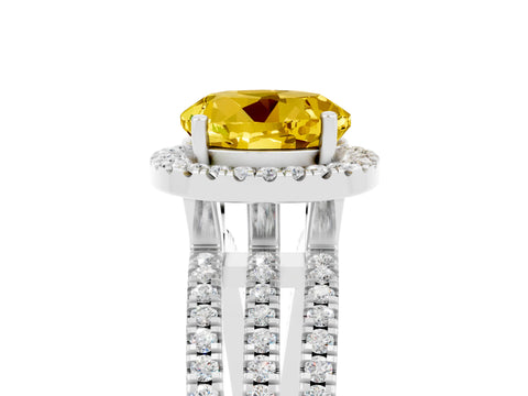 White gold {shape_name} Yellow Sapphire Halo Engagement Ring with Split Shank and Four-Prong Setting_5