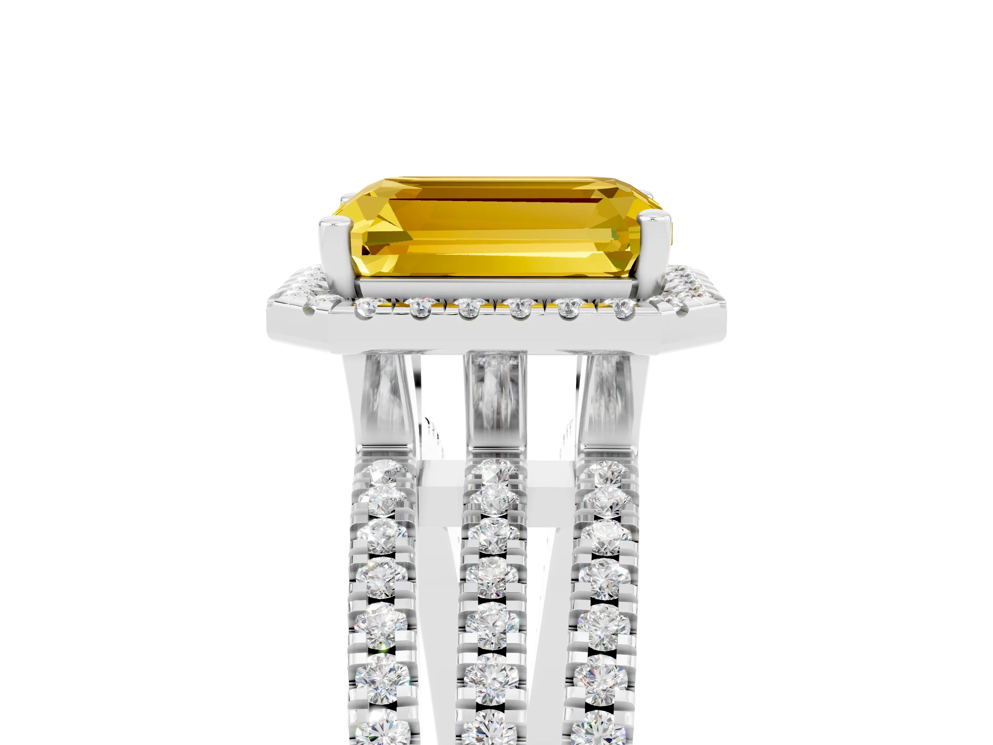 White gold {shape_name} Yellow Sapphire Halo Engagement Ring with Split Shank and Four-Prong Setting_5