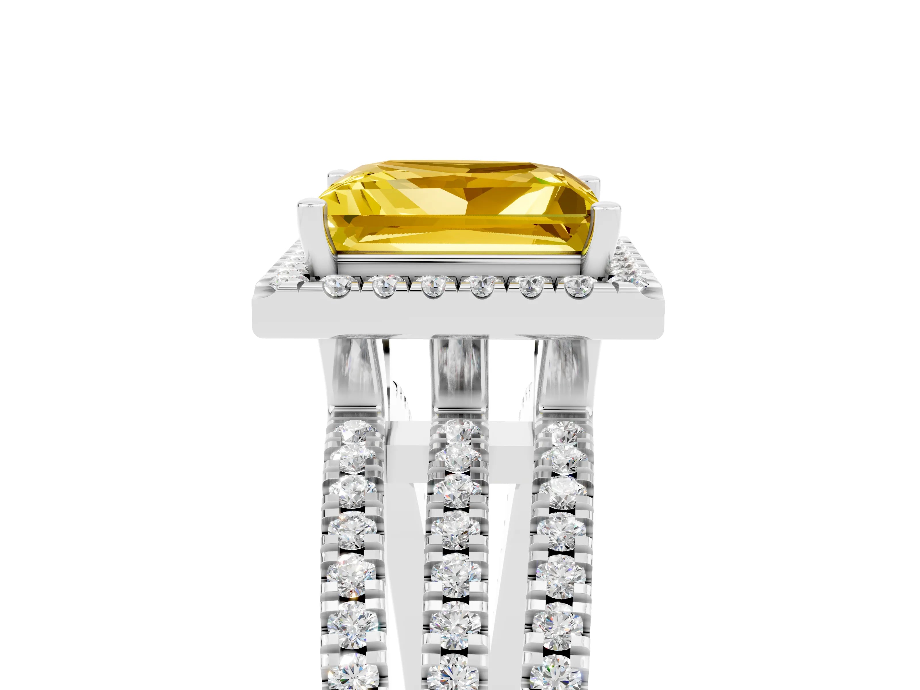 White gold {shape_name} Yellow Sapphire Halo Engagement Ring with Split Shank and Four-Prong Setting_5