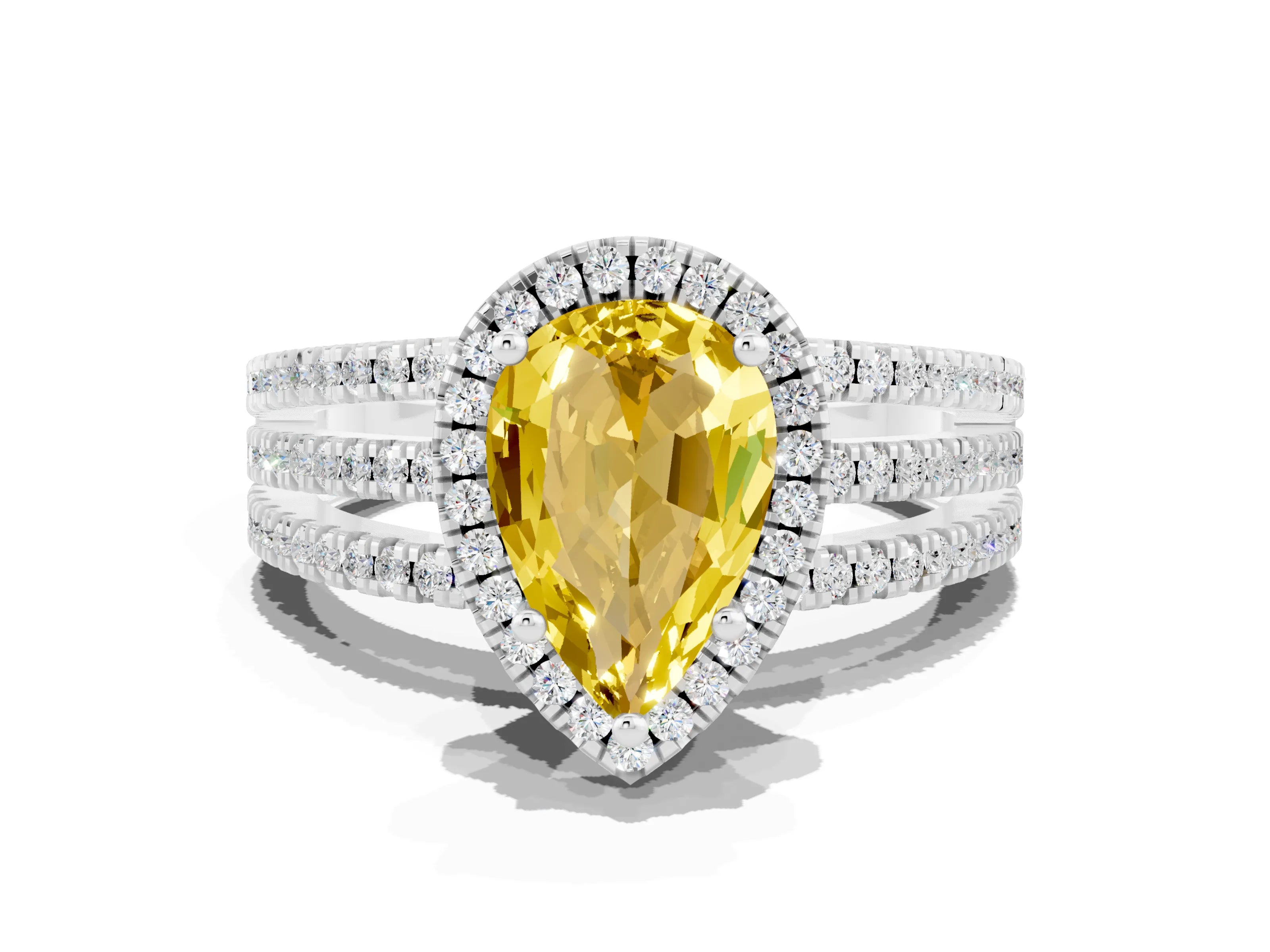 White gold {shape_name} Yellow Sapphire Halo Engagement Ring with Split Shank and Four-Prong Setting