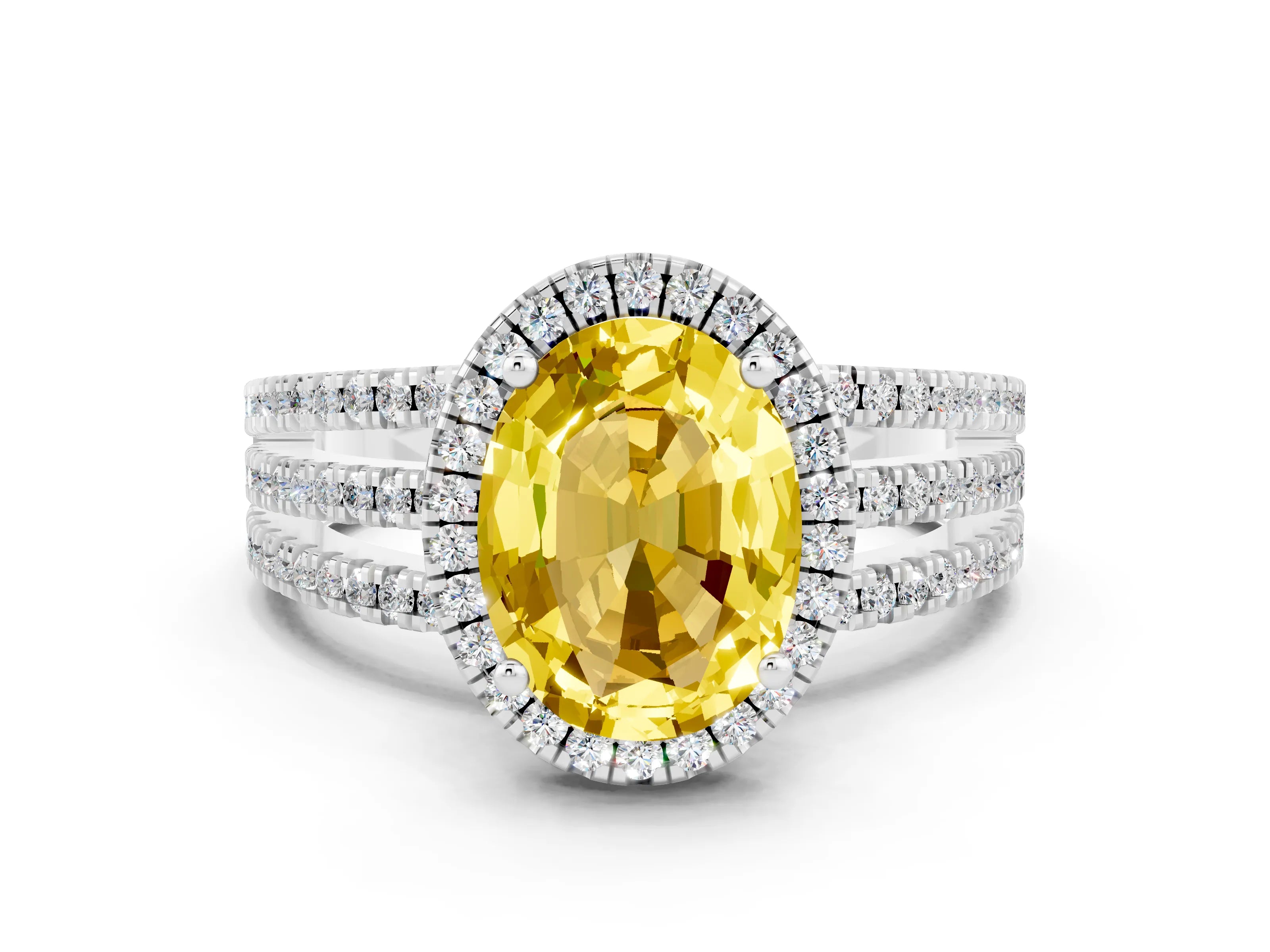White gold {shape_name} Yellow Sapphire Halo Engagement Ring with Split Shank and Four-Prong Setting