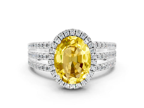 White gold {shape_name} Yellow Sapphire Halo Engagement Ring with Split Shank and Four-Prong Setting