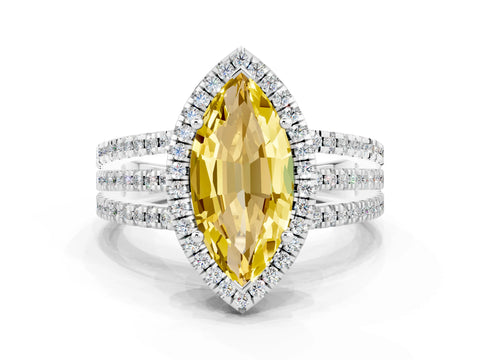 White gold {shape_name} Yellow Sapphire Halo Engagement Ring with Split Shank and Four-Prong Setting