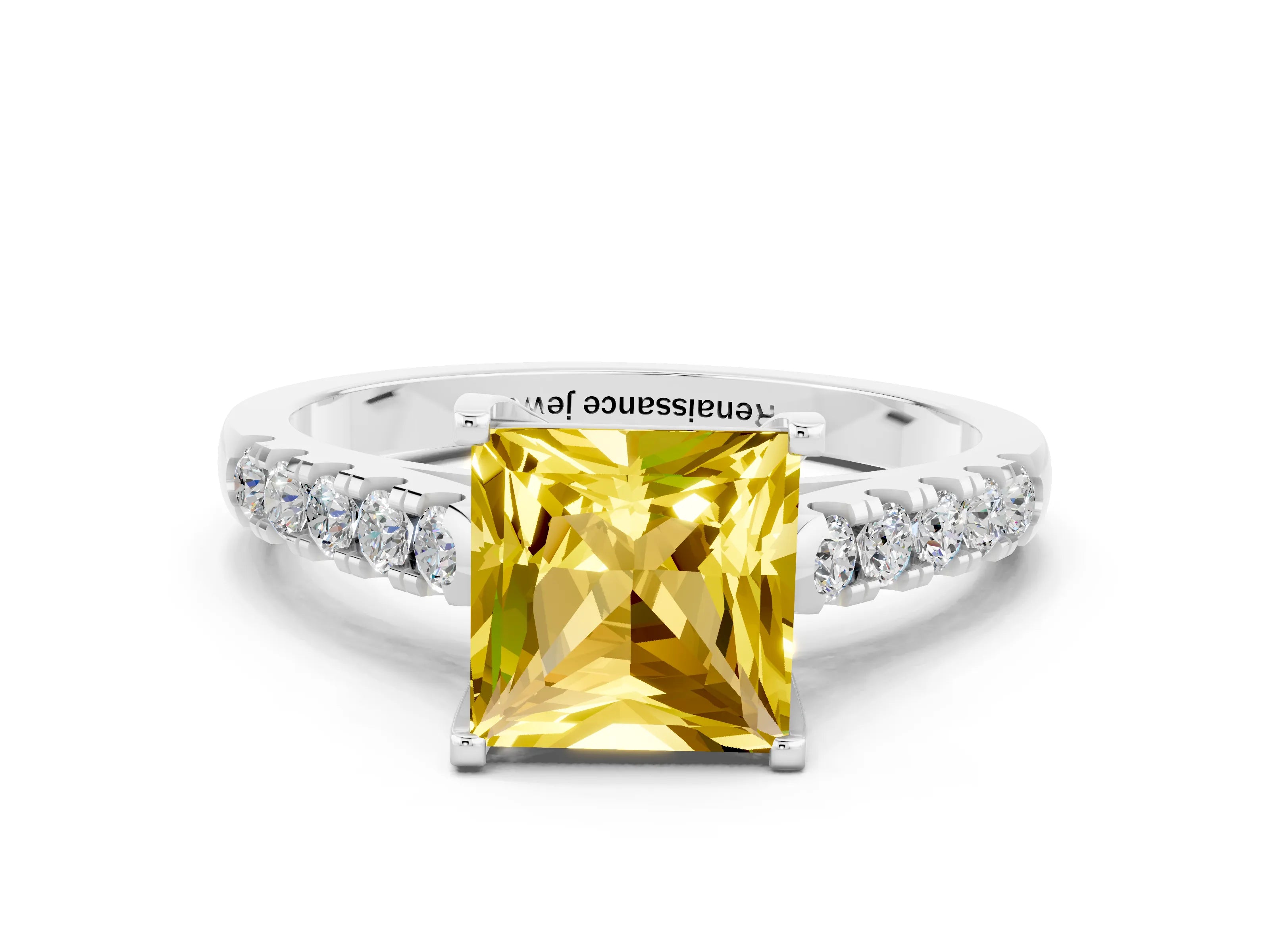 White gold {shape_name} Yellow Sapphire Solitaire Ring with Pavé Band and Four-Prong Setting