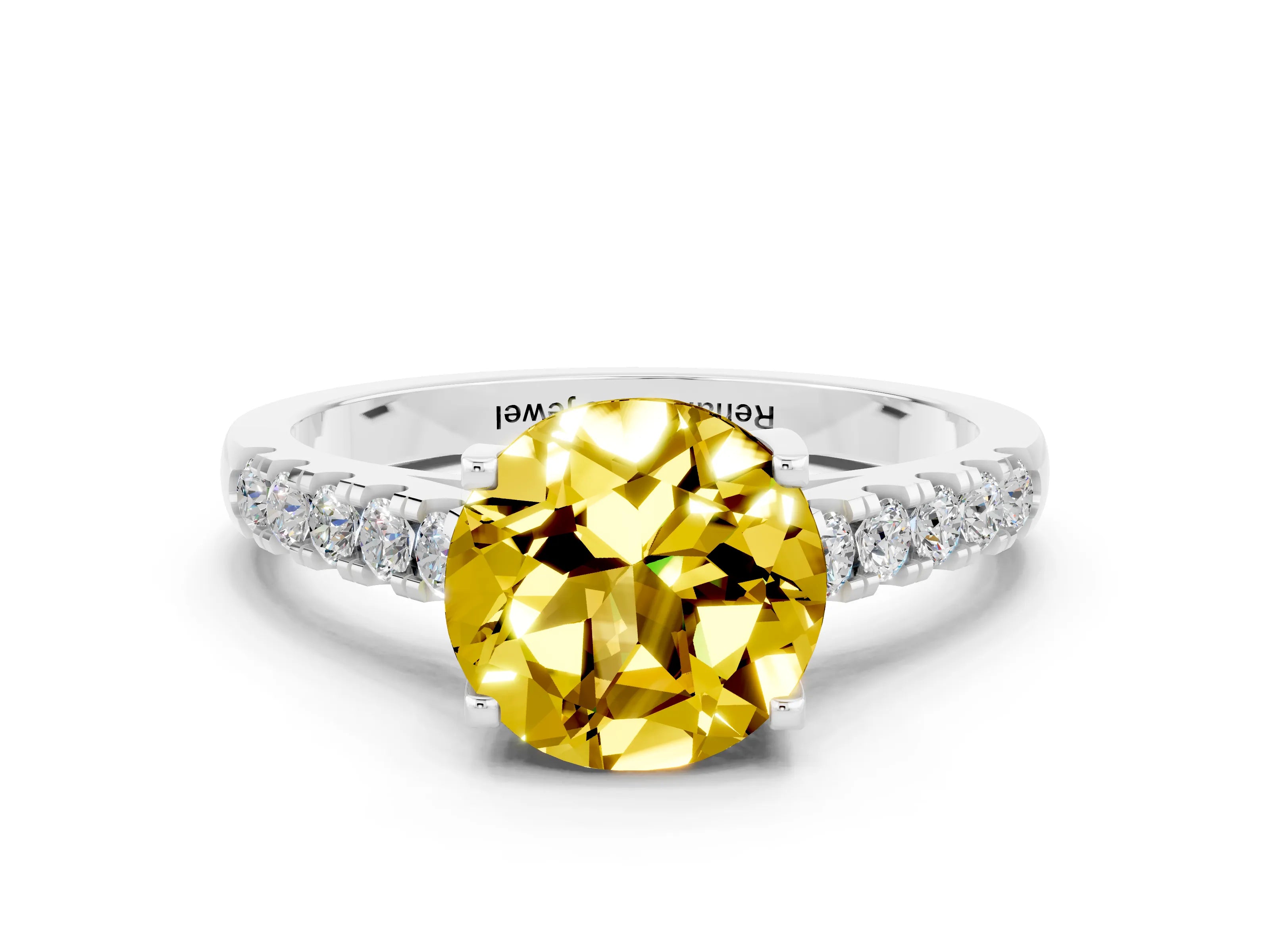 White gold {shape_name} Yellow Sapphire Solitaire Ring with Pavé Band and Four-Prong Setting