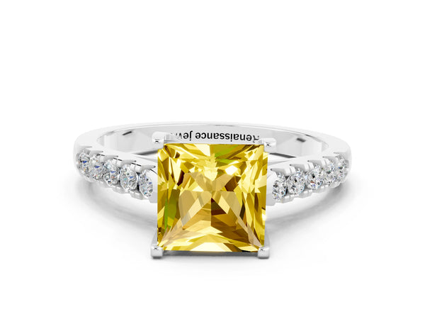White gold Princess Cut Yellow Sapphire Pavé Band Solitaire Ring with Prong Setting