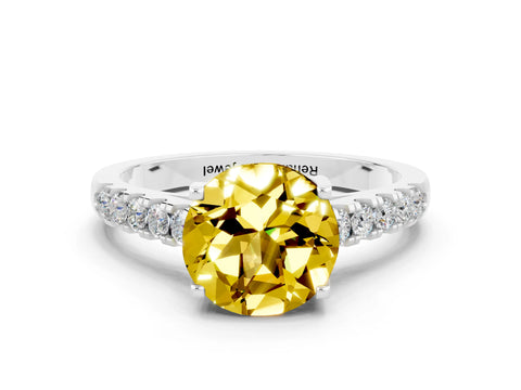 White gold {shape_name} Yellow Sapphire Solitaire Ring with Pavé Band and Four-Prong Setting_12