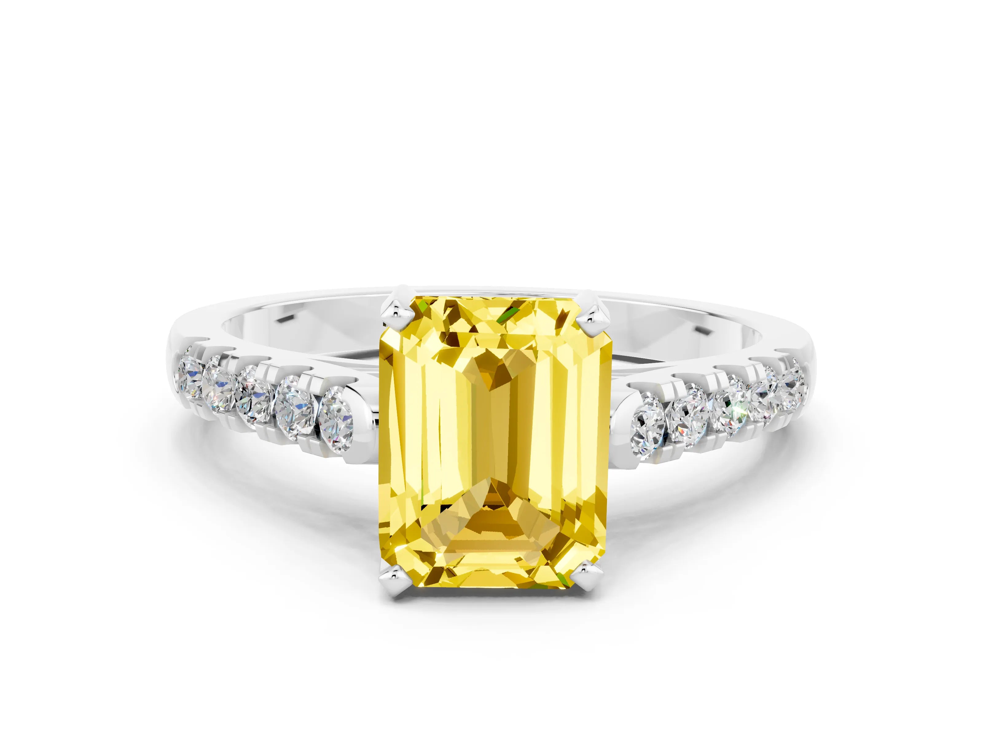 White gold {shape_name} Yellow Sapphire Solitaire Ring with Pavé Band and Four-Prong Setting_12