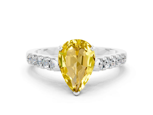 White gold Pear Cut Yellow Sapphire Pavé Band Solitaire Ring with Prong Setting