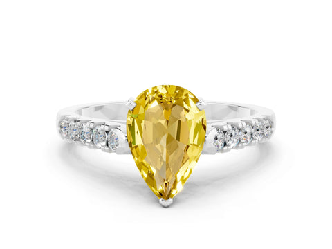 White gold {shape_name} Yellow Sapphire Solitaire Ring with Pavé Band and Four-Prong Setting_12