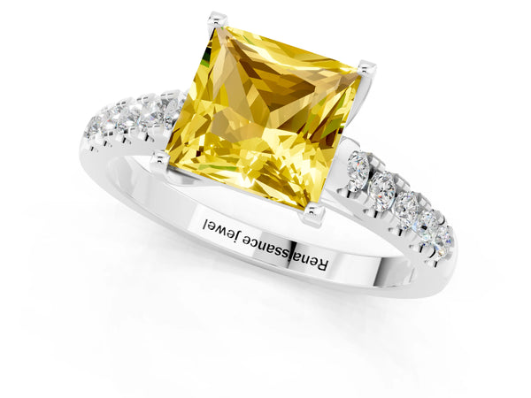 White gold Princess Cut Yellow Sapphire Pavé Band Solitaire Ring with Prong Setting