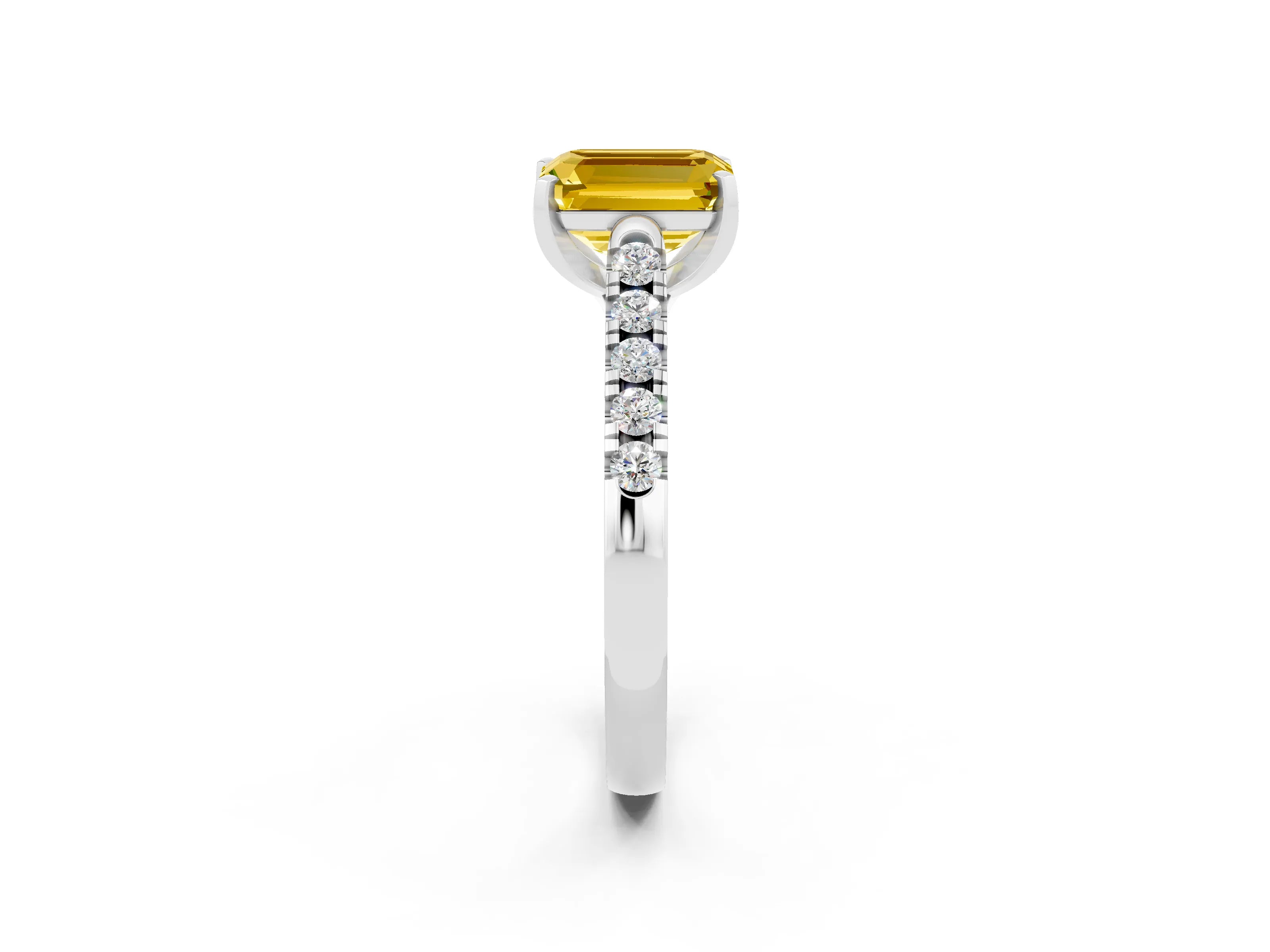 White gold {shape_name} Yellow Sapphire Solitaire Ring with Pavé Band and Four-Prong Setting_14
