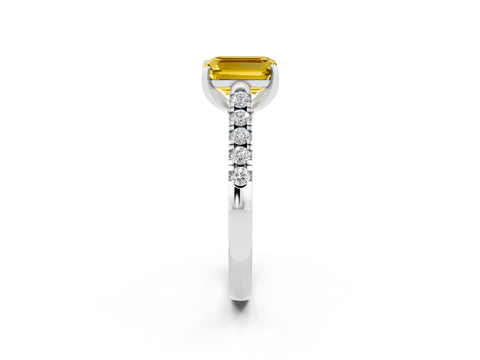 White gold {shape_name} Yellow Sapphire Solitaire Ring with Pavé Band and Four-Prong Setting_14