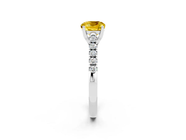 White gold Cushion Cut Yellow Sapphire Pavé Band Solitaire Ring with Prong Setting