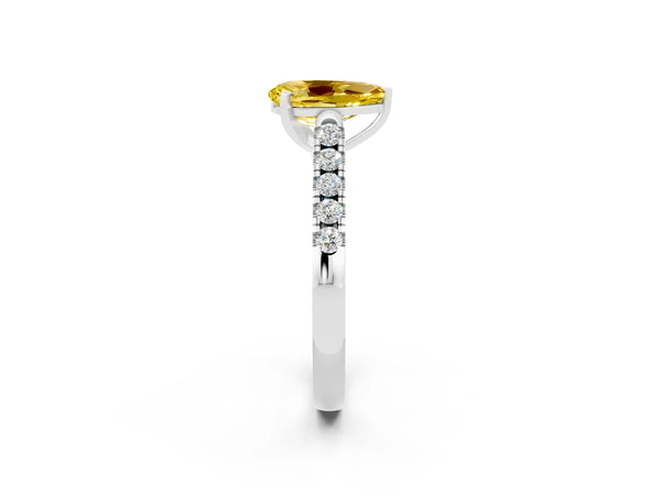 White gold Pear Cut Yellow Sapphire Pavé Band Solitaire Ring with Prong Setting