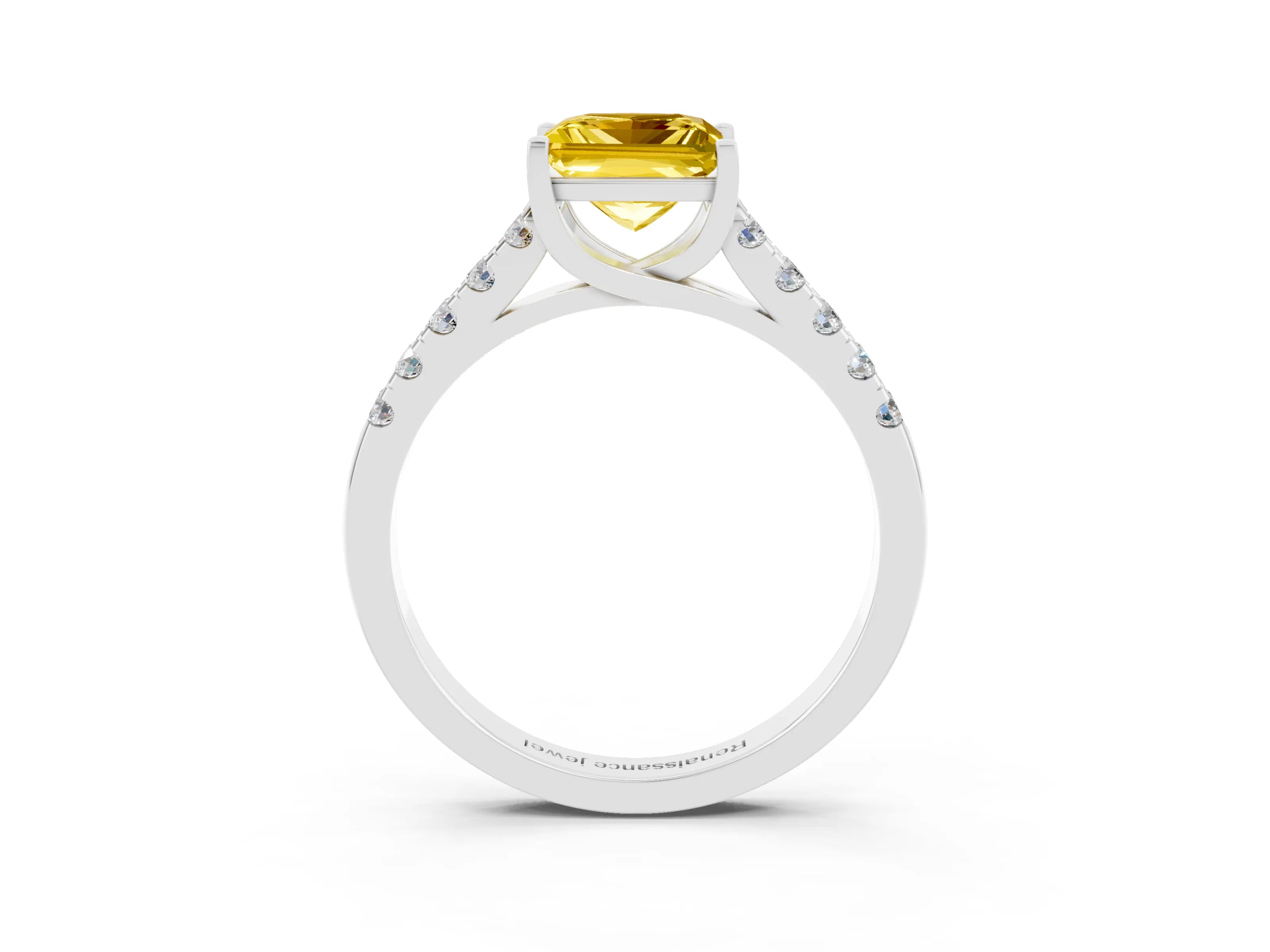 White gold {shape_name} Yellow Sapphire Solitaire Ring with Pavé Band and Four-Prong Setting_15