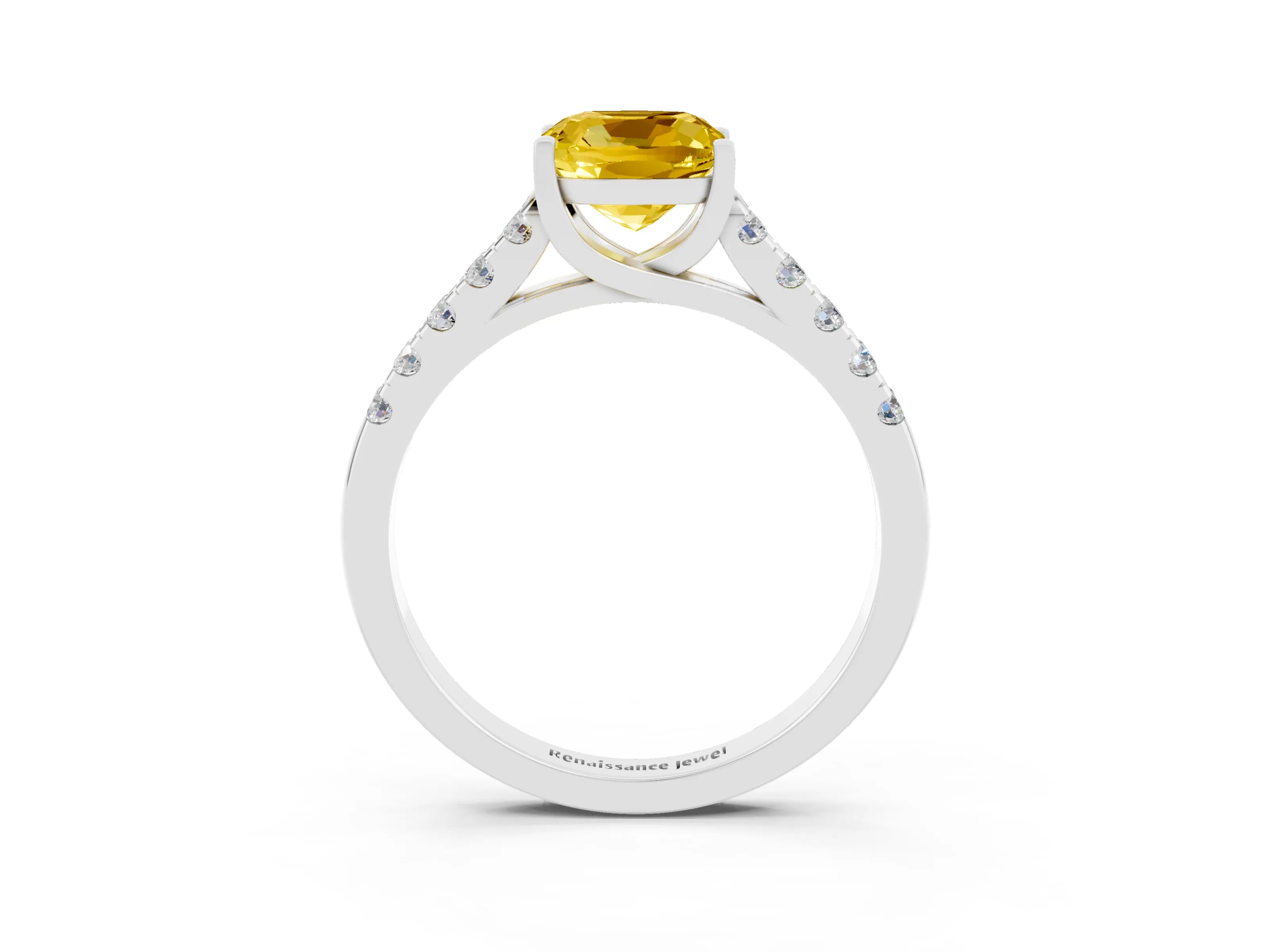 White gold {shape_name} Yellow Sapphire Solitaire Ring with Pavé Band and Four-Prong Setting_15