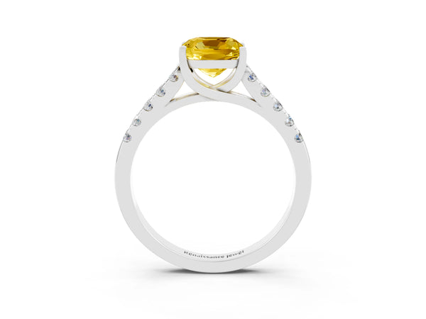 White gold Cushion Cut Yellow Sapphire Pavé Band Solitaire Ring with Prong Setting