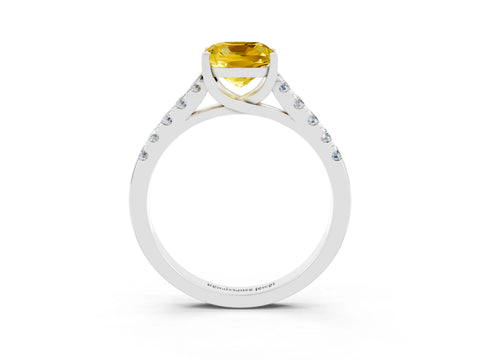 White gold {shape_name} Yellow Sapphire Solitaire Ring with Pavé Band and Four-Prong Setting_15