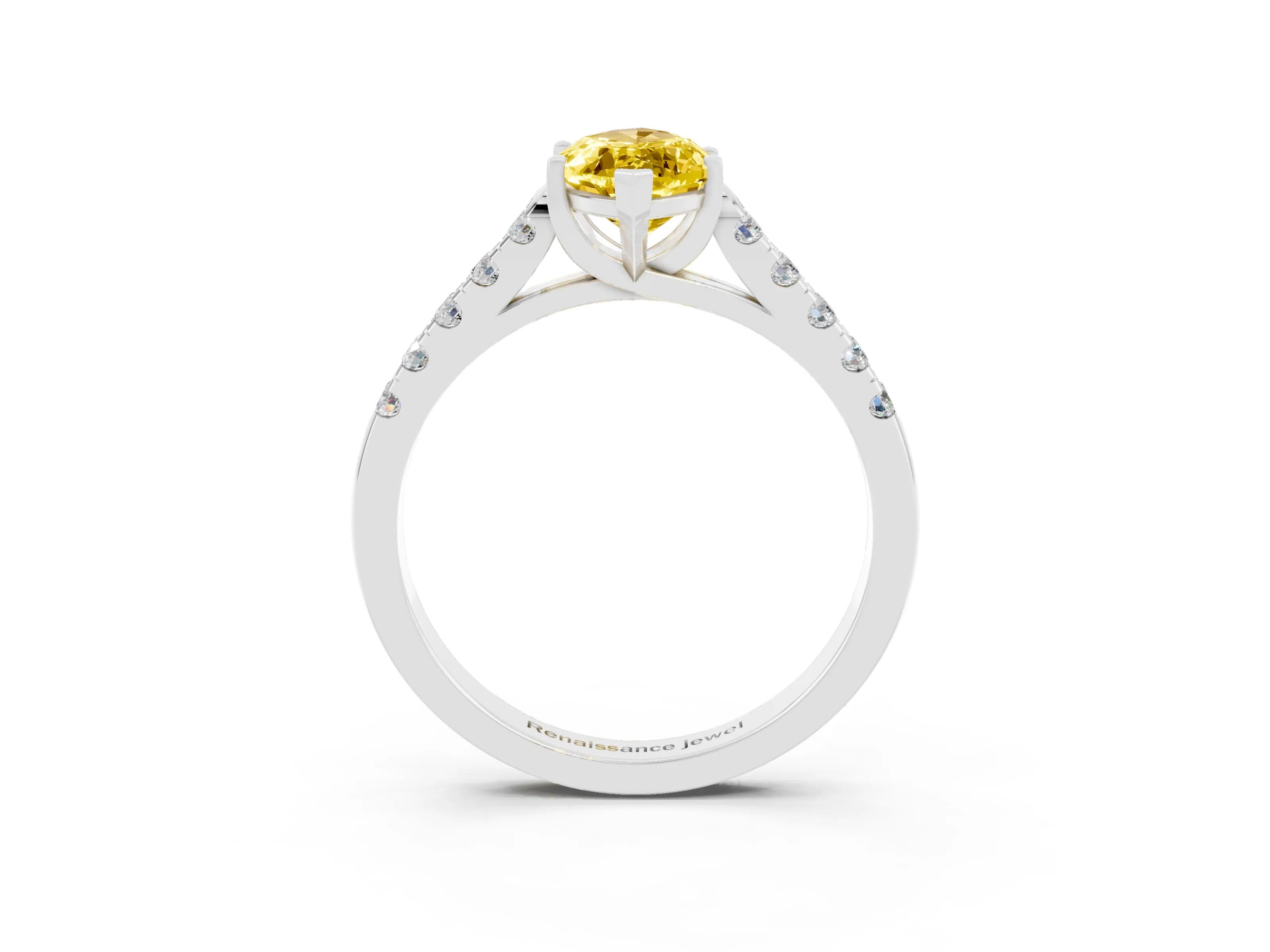 White gold {shape_name} Yellow Sapphire Solitaire Ring with Pavé Band and Four-Prong Setting_15