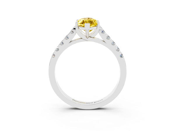 White gold Marquise Cut Yellow Sapphire Pavé Band Solitaire Ring with Prong Setting