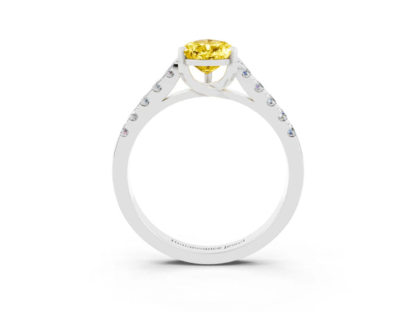 White gold Pear Cut Yellow Sapphire Pavé Band Solitaire Ring with Prong Setting