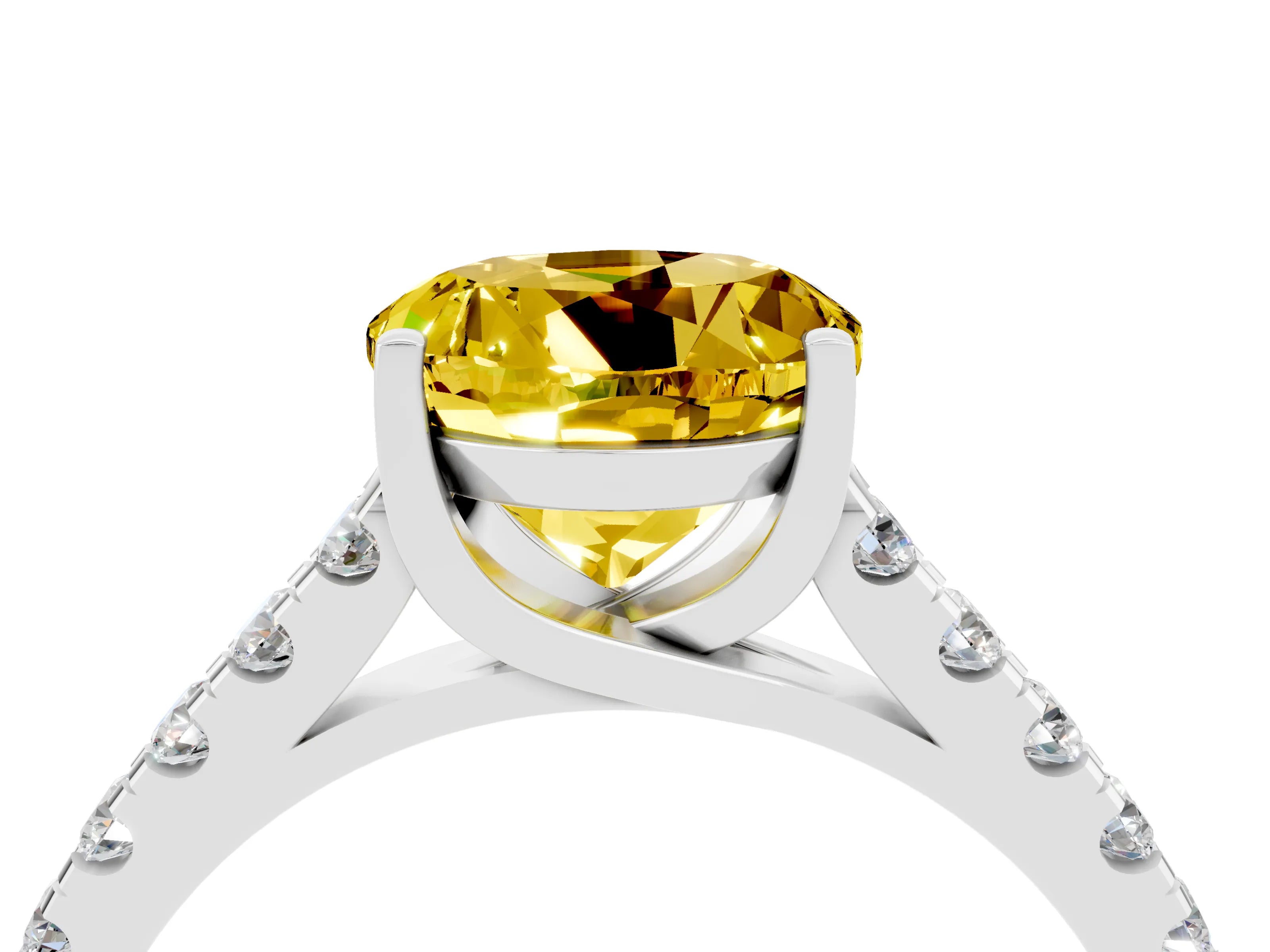 White gold {shape_name} Yellow Sapphire Solitaire Ring with Pavé Band and Four-Prong Setting_16