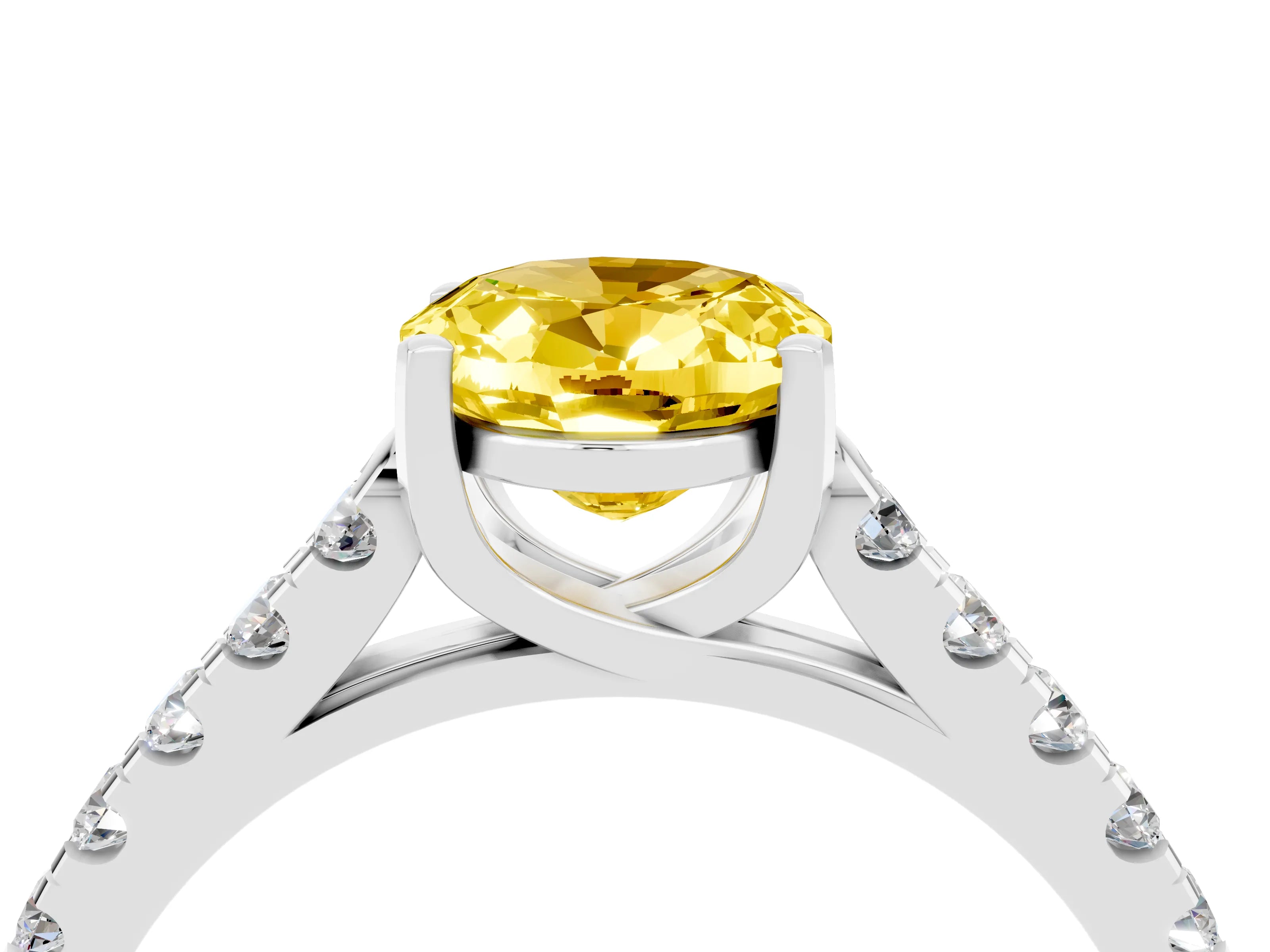 White gold {shape_name} Yellow Sapphire Solitaire Ring with Pavé Band and Four-Prong Setting_16