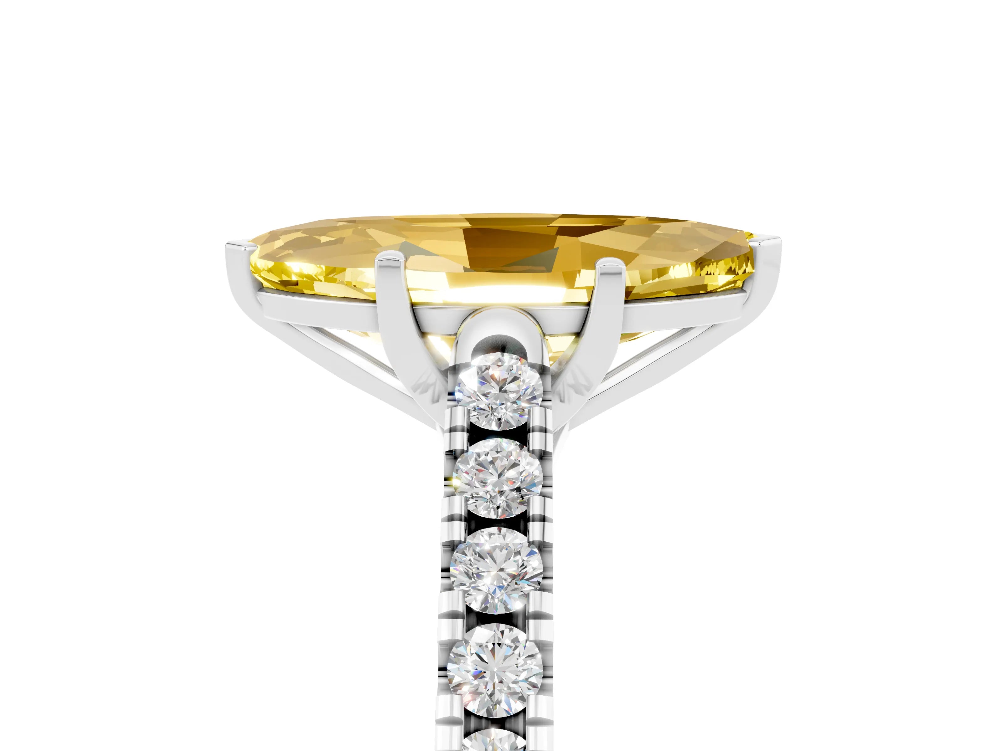White gold {shape_name} Yellow Sapphire Solitaire Ring with Pavé Band and Four-Prong Setting_17