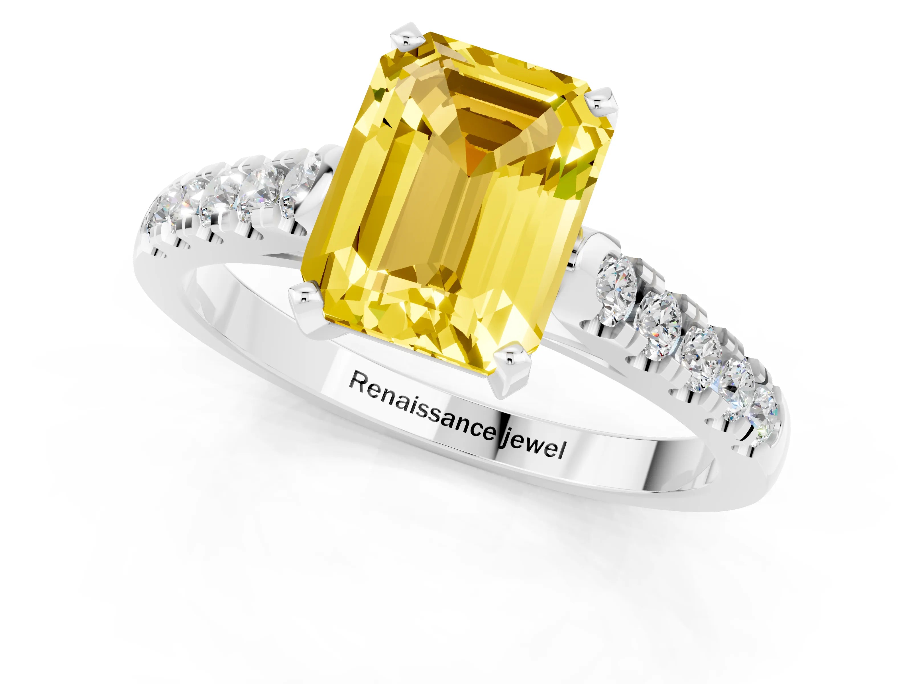 White gold {shape_name} Yellow Sapphire Solitaire Ring with Pavé Band and Four-Prong Setting_1