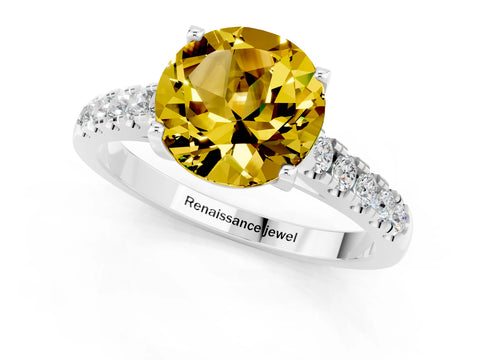 White gold {shape_name} Yellow Sapphire Solitaire Ring with Pavé Band and Four-Prong Setting_1