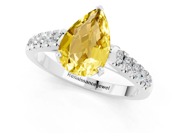 Silver Pear Cut Yellow Sapphire Pavé Band Solitaire Ring with Prong Setting