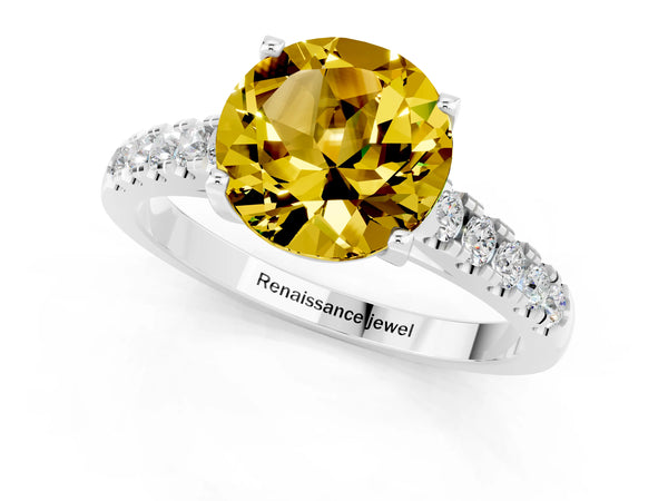 Silver Round Cut Yellow Sapphire Pavé Band Solitaire Ring with Prong Setting