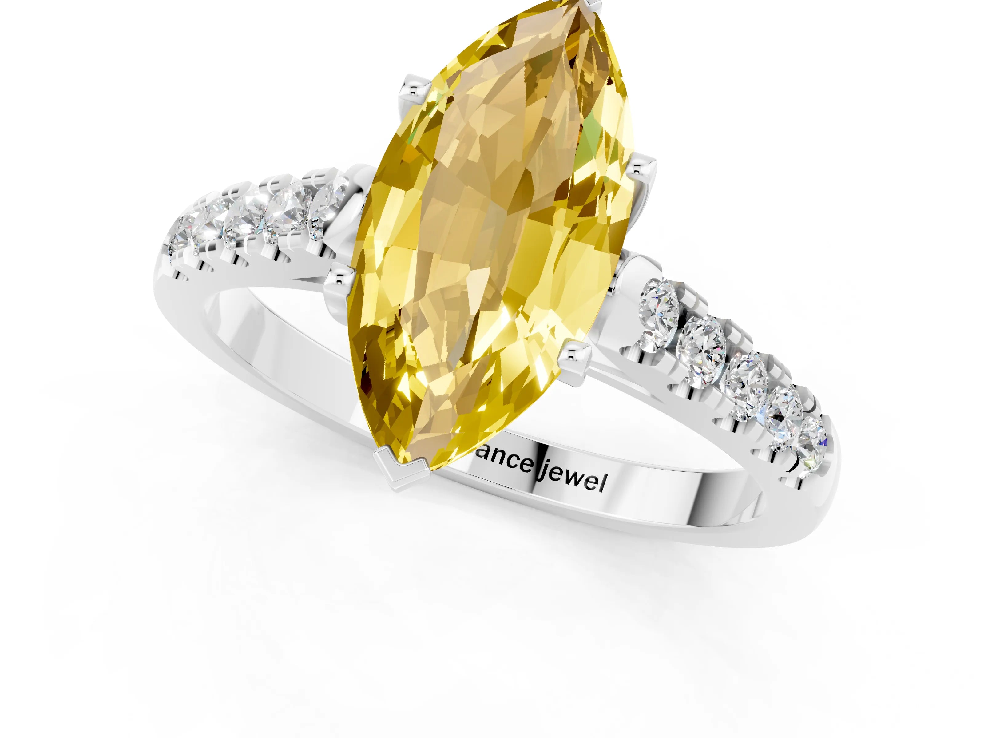White gold {shape_name} Yellow Sapphire Solitaire Ring with Pavé Band and Four-Prong Setting_1