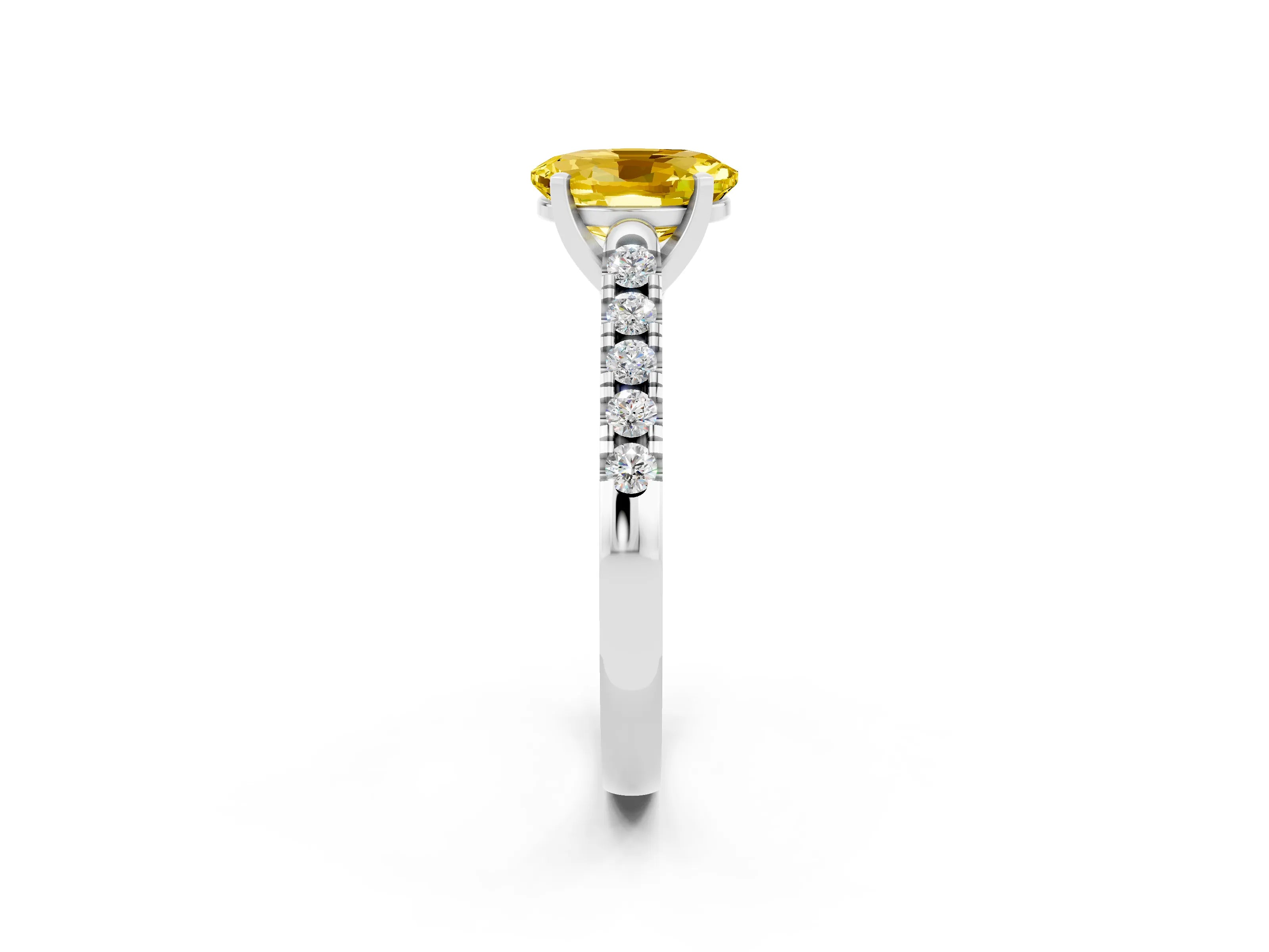 White gold {shape_name} Yellow Sapphire Solitaire Ring with Pavé Band and Four-Prong Setting_2